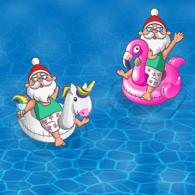 Noel Baba şişme ile Flamingo ve tek boynuzlu at, deniz kenarında - yaz arka plan yelken yüzen ayarla