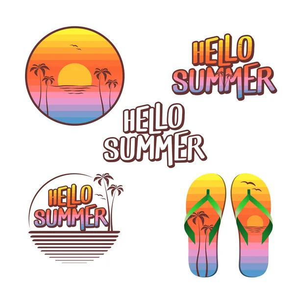 Hallo Sommer Illustrationsset Logo Text Flip Flops Bemalt Mit Farben — Stockvektor