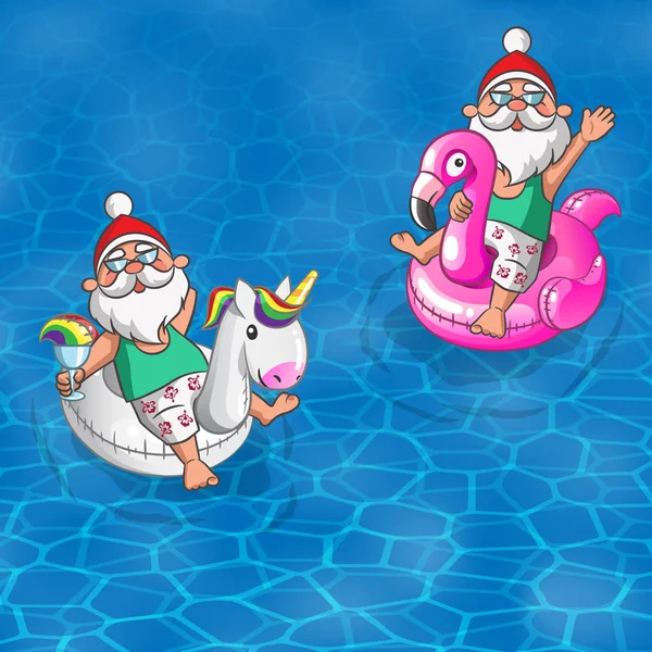 Set Père Noël Flottant Avec Flamant Gonflable Licorne Naviguant Long — Image vectorielle