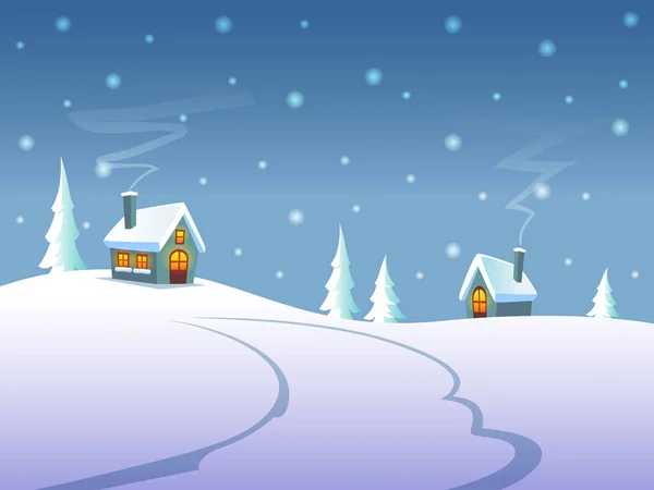 Зимний Пейзаж Ночью Домами Холмах — стоковый вектор