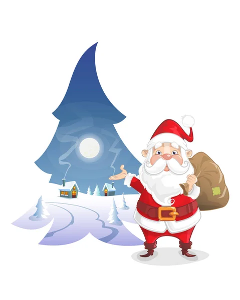 Vánoční Obrázek Zimní Moonlight Podobě Borovice Roztomilý Santa Claus — Stockový vektor