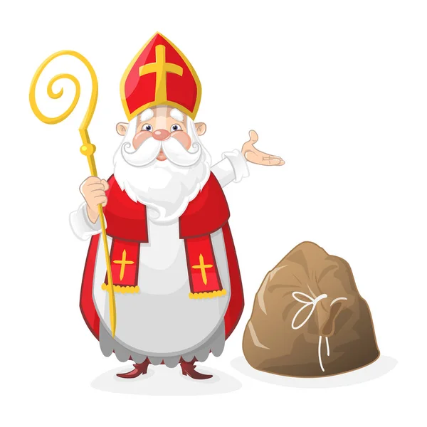Cute Saint Nicholas Karakter Kartun Dengan Tas Hadiah Lantai - Stok Vektor