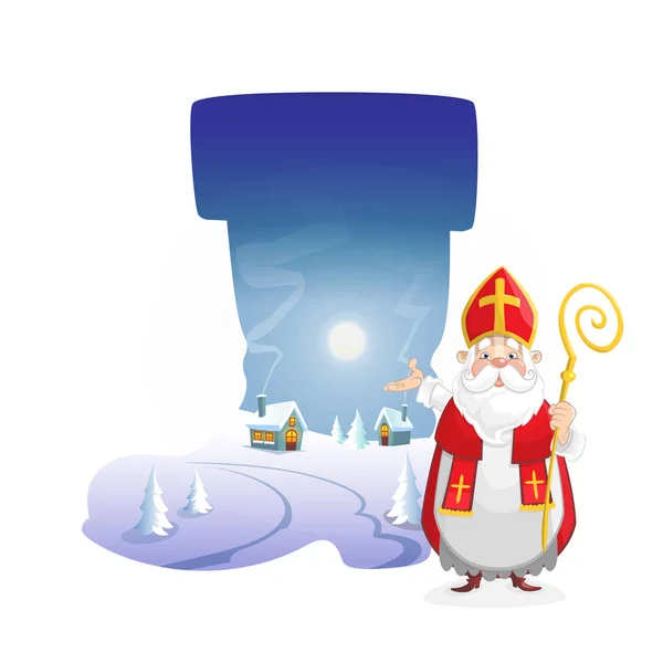 Иллюстрация Зимний Пейзаж Ночью Виде Ботинка Милым Святым Николаем — стоковый вектор