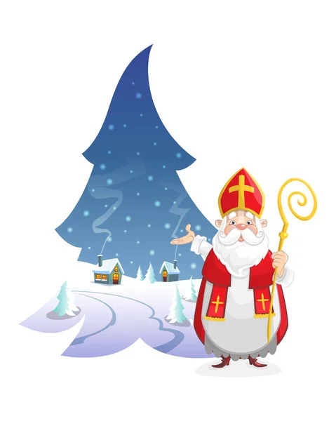 Ilustracja Krajobraz Zima Formie Sosna Ładny Święty Mikołaj — Wektor stockowy