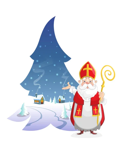 Illustration Paysage Hiver Forme Pin Avec Mignon Saint Nicolas — Image vectorielle