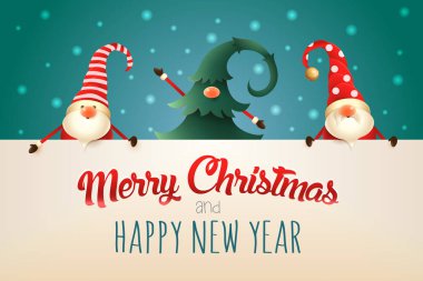 Noel tebrik kartı. Yeşil zemin üzerine tabela ile üç Noel cüceler. Bir Noel ağacı gizli