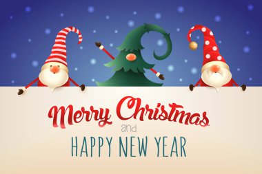 Noel tebrik kartı. Üç Noel cüceler tabela üzerinde mavi arka plan ile. Bir Noel ağacı gizli