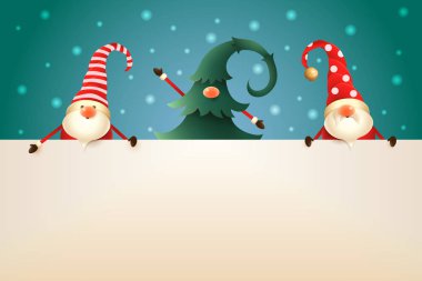 Turkuaz zemin üzerine tabela ile üç Noel cüceler. Bir Noel ağacı gizli