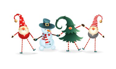 Mutlu arkadaşları kış gündönümü, Noel ve yeni yıl kutlaması. İskandinav gnomes ve kardan adam