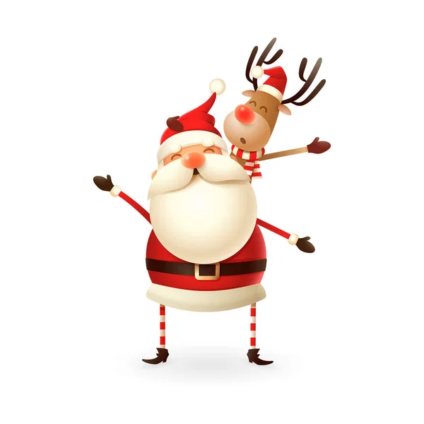 Санта Клаус Держит Руках Оленя Счастливая Милая Иллюстрация — стоковый вектор