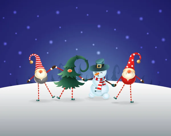 Χριστούγεννα Φόντο Ευτυχείς Φίλοι Τρία Στοιχειά Και Χιονάνθρωπος Γιορτάζουν Χριστούγεννα — Διανυσματικό Αρχείο