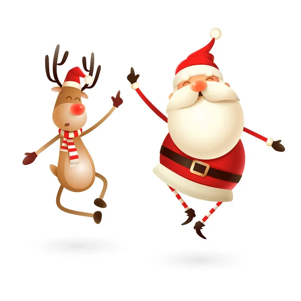 Fröhlicher Ausdruck Von Weihnachtsmann Und Rentier Sie Springen Gerade Auf — Stockvektor