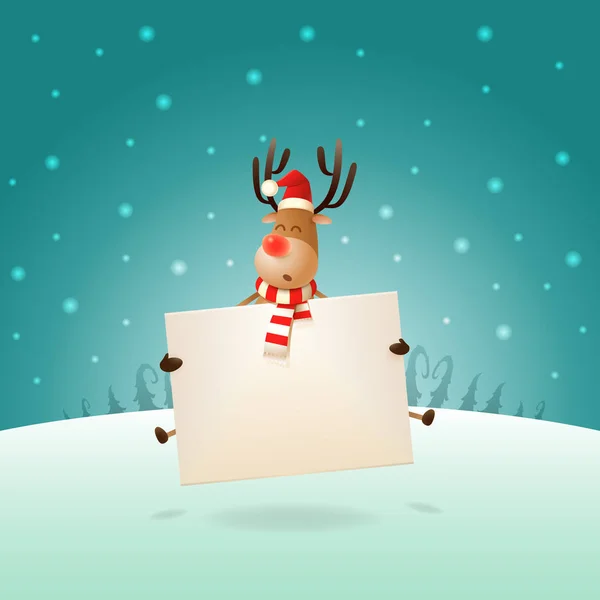 Милый Олень Прыгает Доски Зимний Пейзаж Рождественский Плакат — стоковый вектор