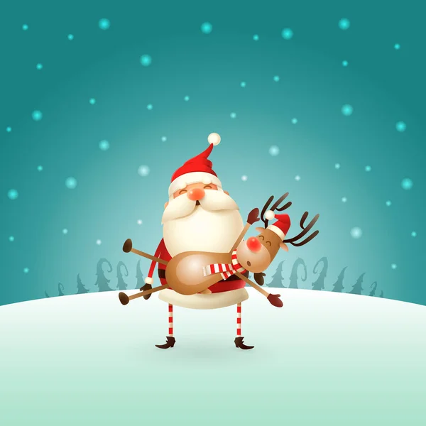 Père Noël Porte Renne Sur Ses Mains Paysage Hiver Carte — Image vectorielle