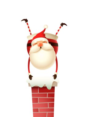 Mutlu sevimli Noel Baba beyaz arka plan üzerinde izole baca - ellerde tutuyoruz