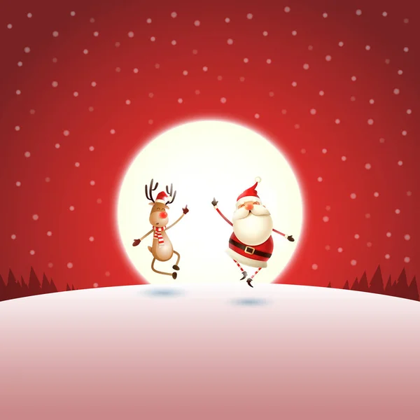 Happy Christmas Wenskaart Santa Claus Rendieren Winter Rode Maanlicht — Stockvector