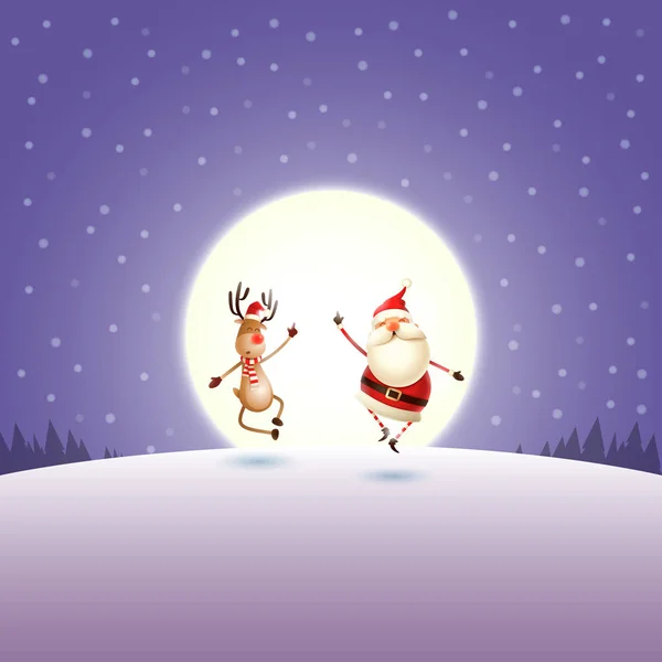 Jultomten Och Renar Lila Natt Moonlight Vinterlandskap Gratulationskort — Stock vektor