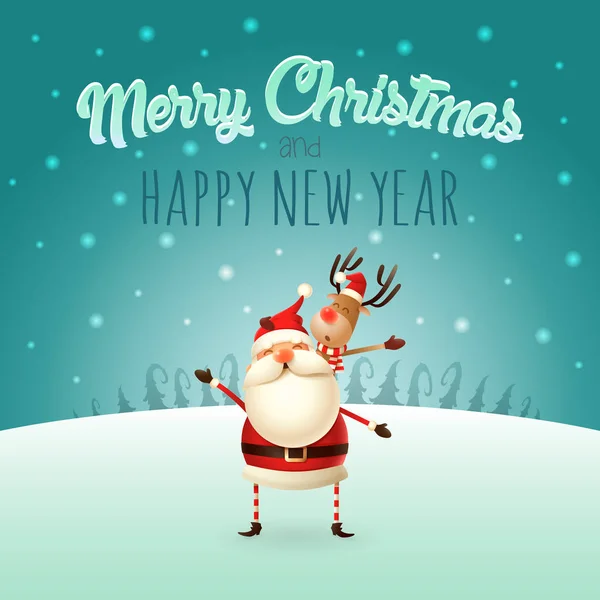 Счастливого Рождества Счастливого Нового Года Санта Клаус Держит Оленя Крючке — стоковый вектор
