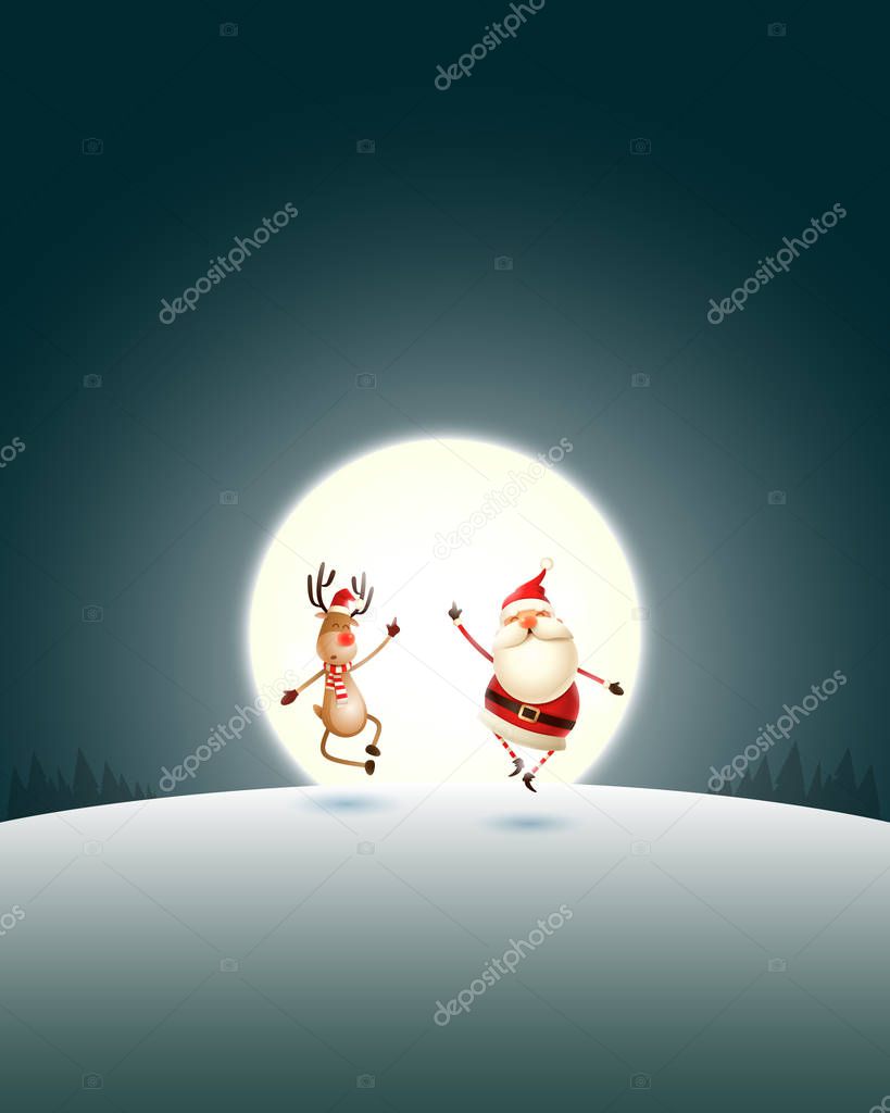 Happy expresion of Santa Claus and Reindeer on winter landscape with moonlight - Christmas poster