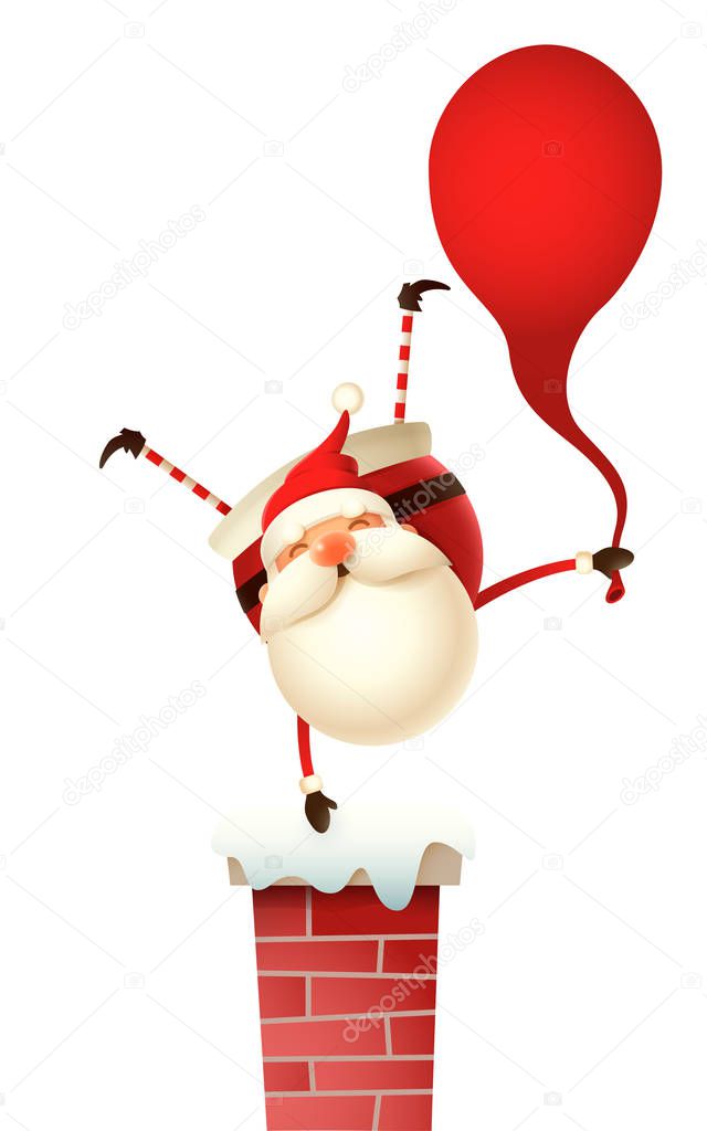 Happy Santa Claus with gifts bag standing on one hand on the chimney - isolated
