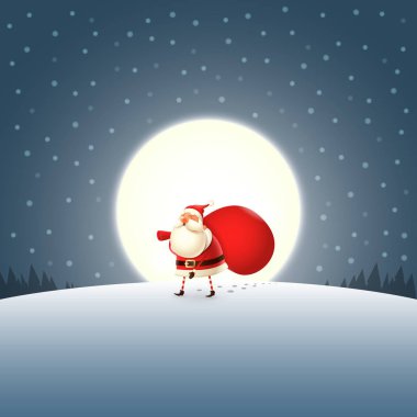 Sevimli Noel Baba hediye çanta ile koyu mavi ay ışığı manzara üzerinde yürüme