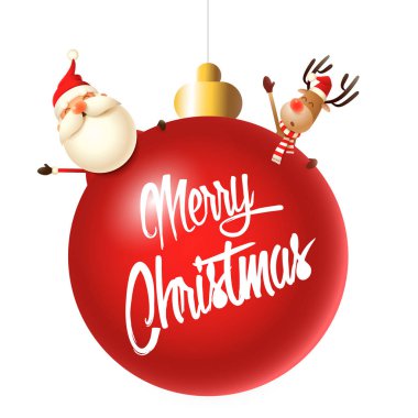 Noel Baba ve kırmızı Noel ağacı topu Merry Christmas dilek Ren geyiği