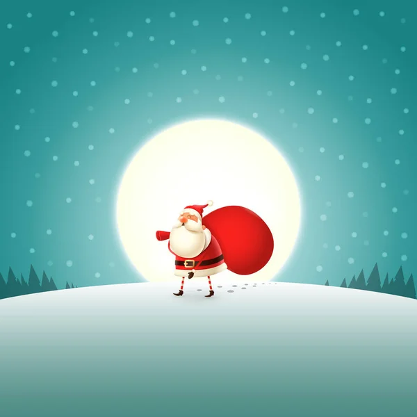 Втомився Санта Клауса Прогулянки Подарунків Сумка Місячному Світлі Краєвид — стоковий вектор