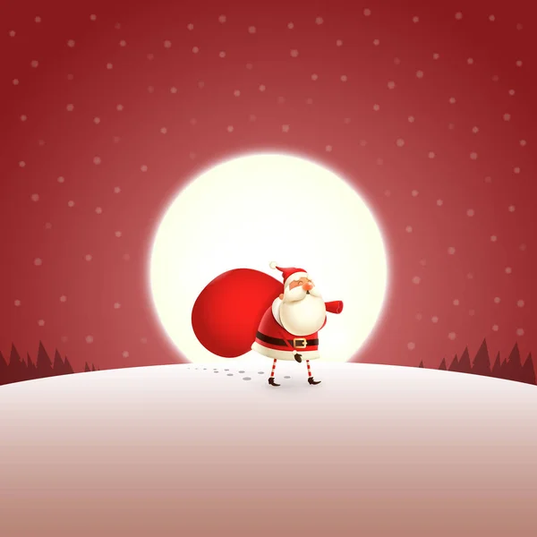 Santa Claus Berjalan Jauh Dengan Tas Hadiah Cahaya Bulan Merah - Stok Vektor