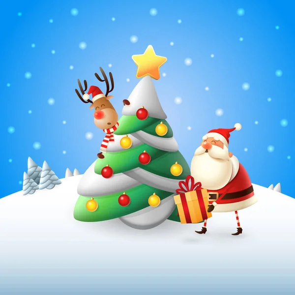 Санта Клауса Покласти Подарунки Під Ялинку Зимовий Пейзаж — стоковий вектор