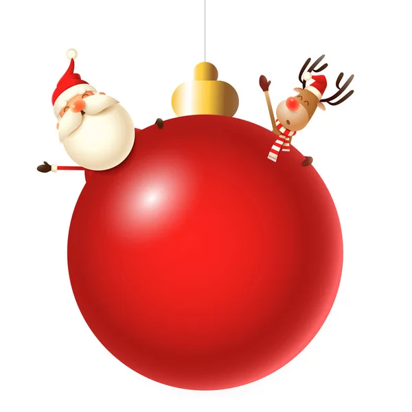 Père Noël Rennes Derrière Boule Rouge Sapin Noël — Image vectorielle