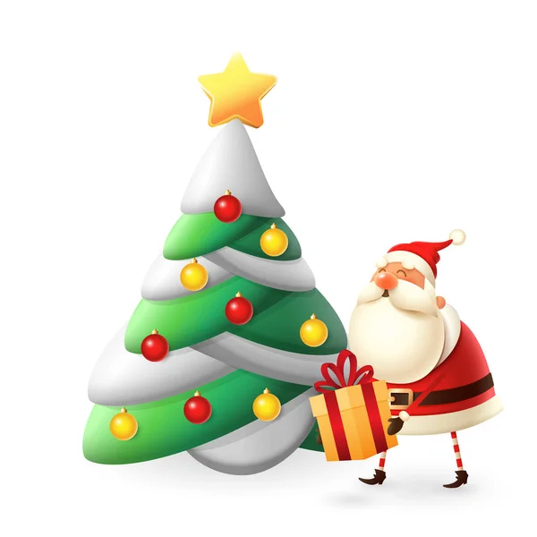 Santa Claus Zetten Cadeaus Onder Kerstboom Illustratie Geïsoleerd Wit — Stockvector