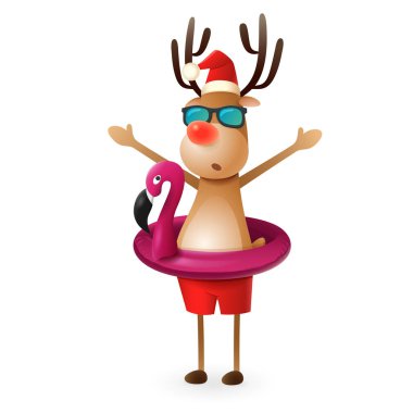 Ren geyiği ile flamingo yüzme yüzük - yaz Christmas illüstrasyon izole beyaz arka plan üzerinde vektör