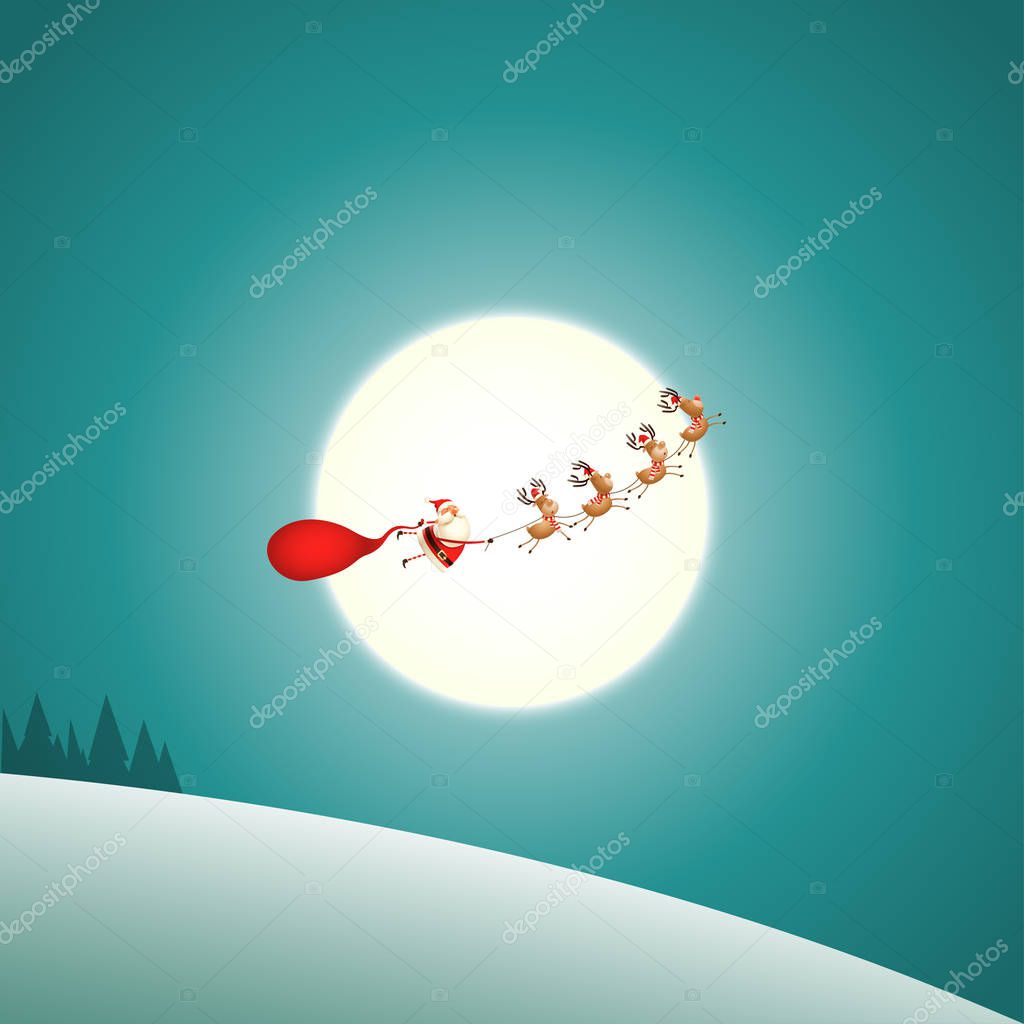 Reindeer flying and pulling Santa Claus - silhouette on winter moonlight background