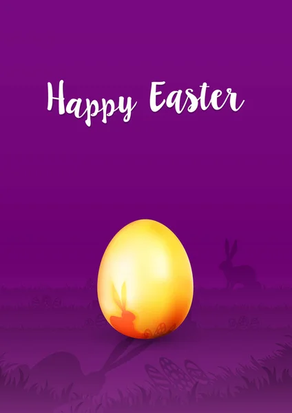 Easter Greeting Card Golden Easter Egg Purple Background Rabbit Silhouette — Stock Vector