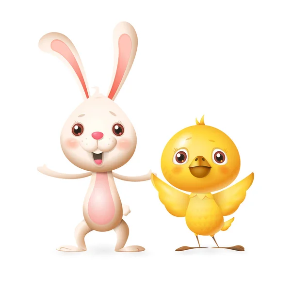 Happy Friends Celebrate Spring Easter Bunny Chicken Playing Singing — Stock Vector