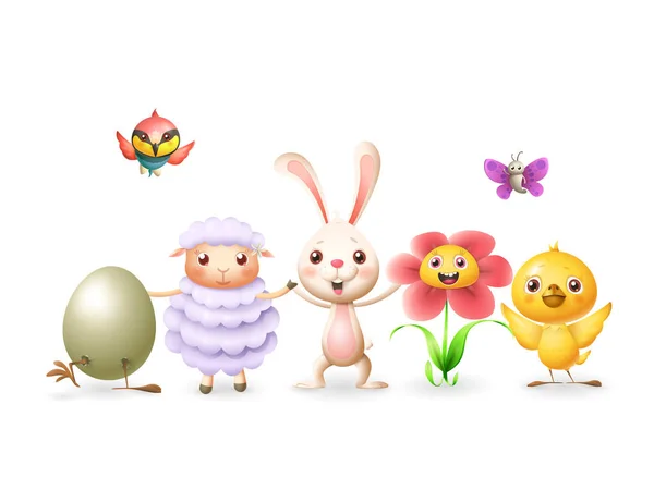 Easter Bunny Friends Celebrate Easter Spring Egg Chicken Sheep Flower — Stock Vector