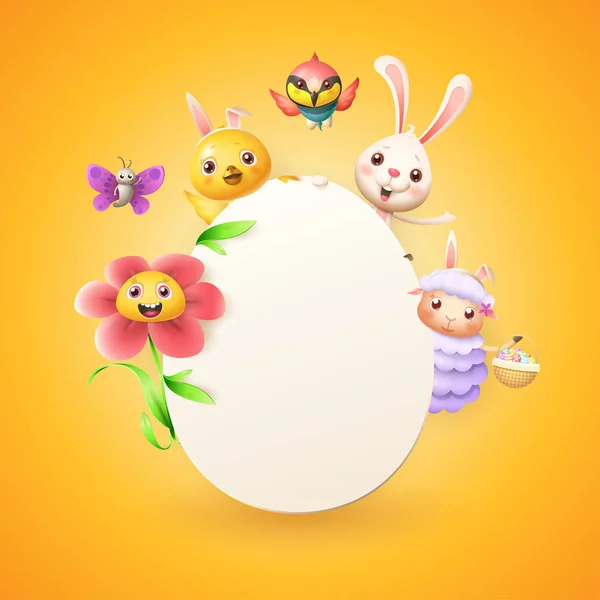 复活节卡片模板 复活节兔子 绵羊蜂吃鸟和蝴蝶庆祝复活节在蛋附近 被隔绝在橙色黄色背景 空白空间 — 图库矢量图片