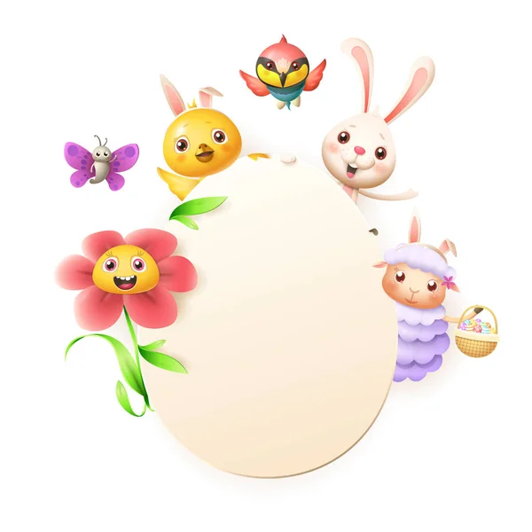 Pasen Wenskaartsjabloon Easter Bunny Kip Bloem Schapen Bijeneter Vogel Vlinder — Stockvector