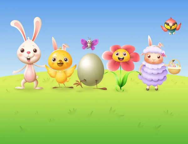 Happy Cute Characters Celebrate Spring Easter — Stock Vector