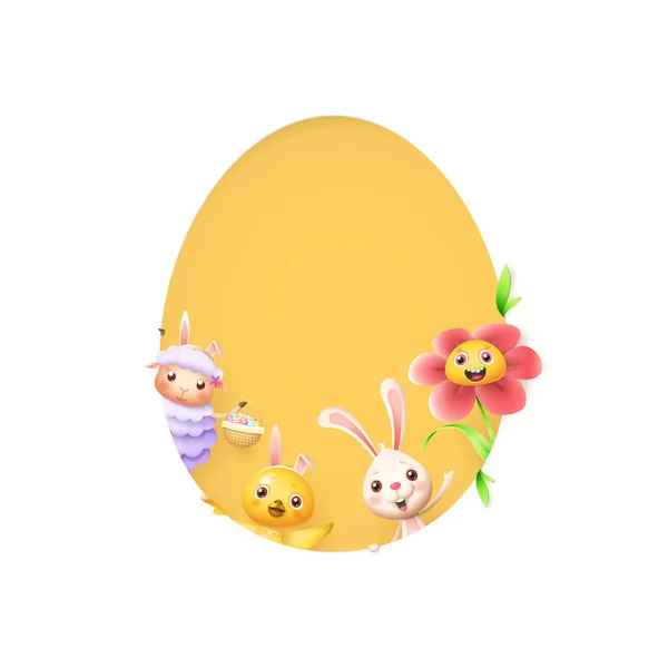 Easter Friends Sheep Bunny Chicken Flower Peeking Egg Shape Hole — Stock Vector