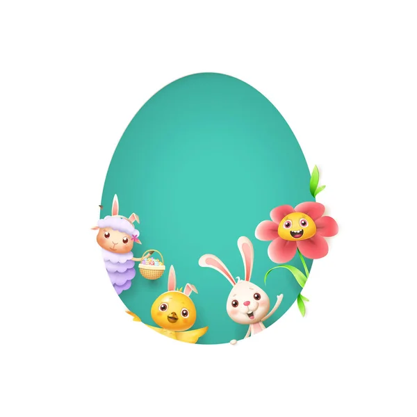 Easter Friends Sheep Bunny Chicken Flower Peeking Egg Shape Hole — Stock Vector