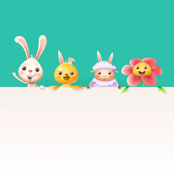 Velikonoční Znaky Bunny Kuřecí Ovce Květin Vrcholu Billboard Izolované Pozadí — Stockový vektor