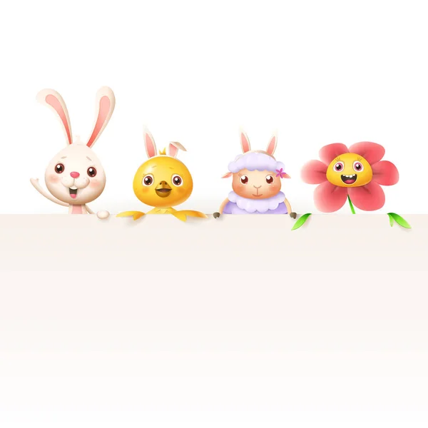 Easter Characters Bunny Chicken Sheep Flower Top Billboard Isolated White — Stock Vector