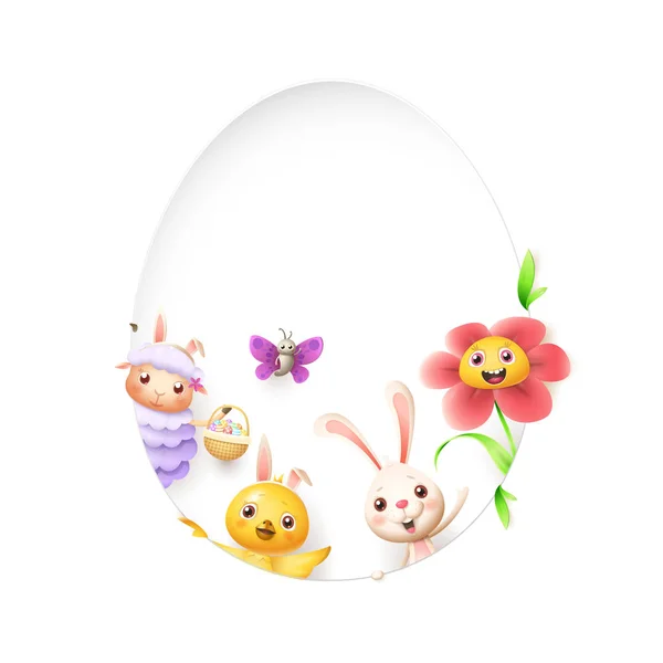 复活节朋友绵羊兔子鸡蝴蝶和花偷看在蛋形状孔之后在白色背景 — 图库矢量图片