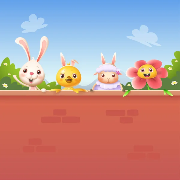 Happy Přátelé Slavit Velikonoce Zdí Bunny Kuřecí Ovce Květina — Stockový vektor