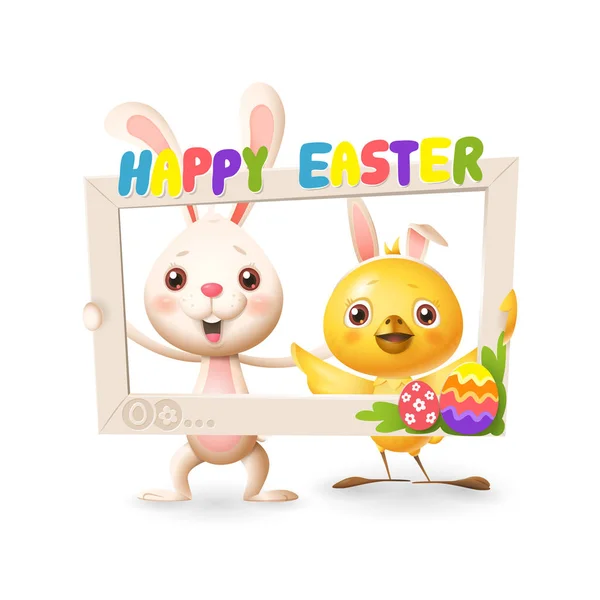 Easter Animals Happy Cute Bunny Chicken Celebrate Easter Social Network — Stock Vector