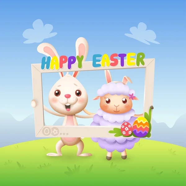 Easter Animals Happy Cute Bunny Lamb Celebrate Easter Social Network — Stock Vector