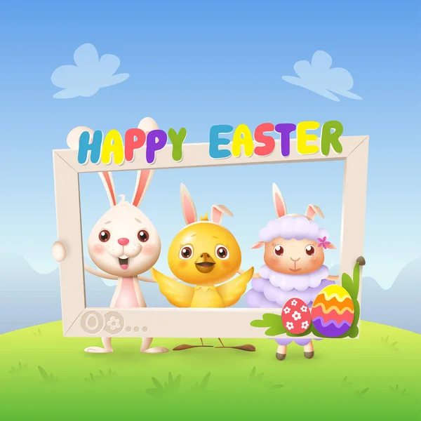 Happy Cute Bunny Chicken Lamb Celebrate Easter Social Network Photo — Stock Vector