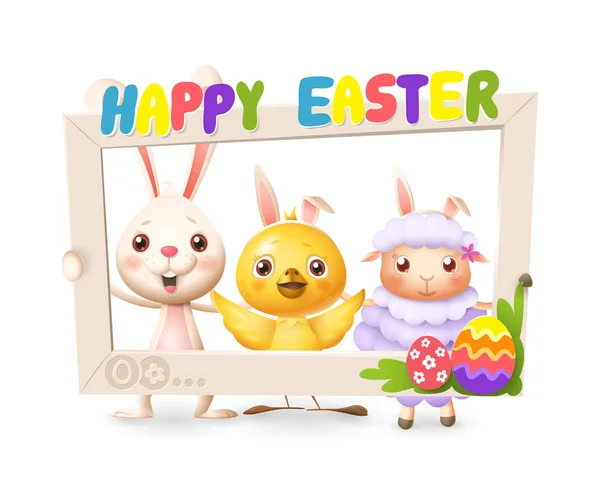 Easter Animals Happy Cute Bunny Chicken Lamb Celebrate Easter Social — Stock Vector