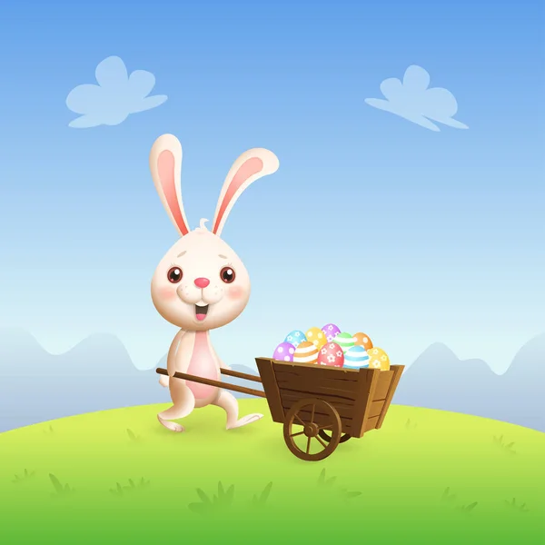 Пасхальный Кролик Телегой Красочными Украшенными Пасхальными Яйцами Весенний Пейзаж — стоковый вектор